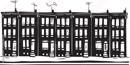 Woodcut expressionist image of a line of urban rowhouses with tv antennas