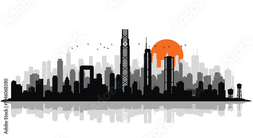 Vector city skyline silhouette at sunset