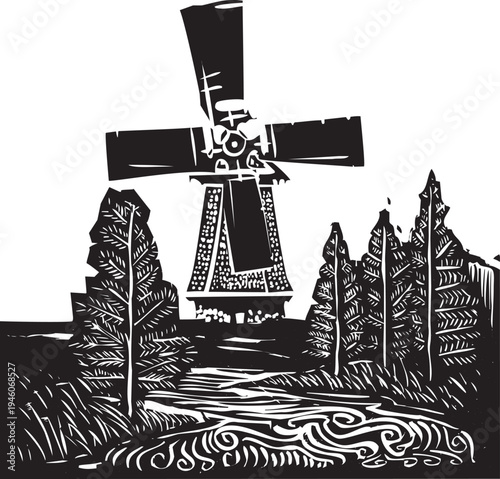 Woodcut style image of classic dutch windmills,