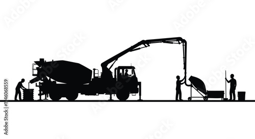 Silhouette of concrete mixer truck with workers vector
