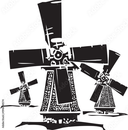 Woodcut style image of classic dutch windmills,