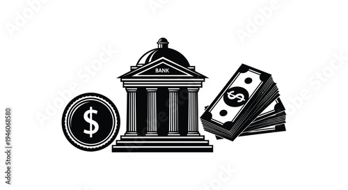 Black and white illustration of a bank building money and a gold coin