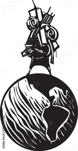 Woodcut style expressionist image of a person with a huge backpack standing on a globe