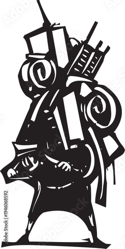 Woodcut style expressionist image of a person with a huge backpack