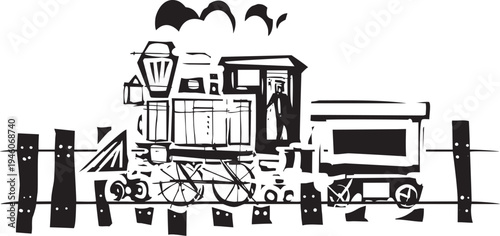 Woodcut expressionist style Simple Woodcut steam Locomotive