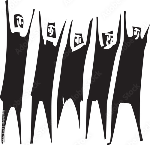 Woodcut expressionist image of people with their hands in the air