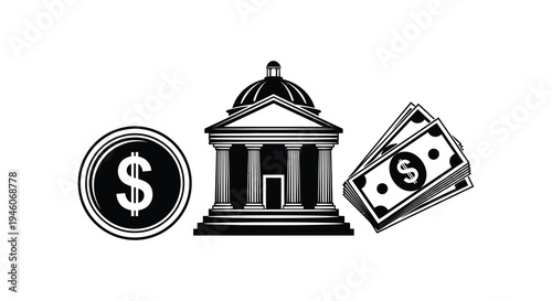 Financial institution graphic with currency a bank dollar coins and bills