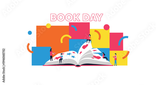 Vector illustration of book day with colorful blocks and people