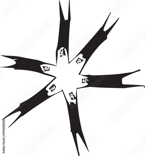 Woodcut expressionist image of five men with their hands joined in the shape of a star