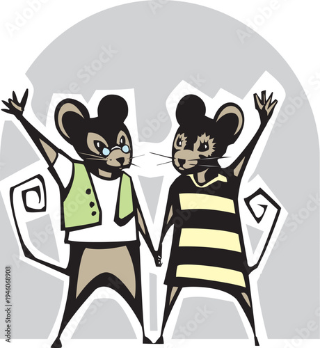 Cartoon like cute mouse couple waving