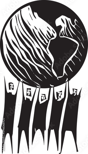 Woodcut expressionist image of five people joining together to hold up a globe of the earth