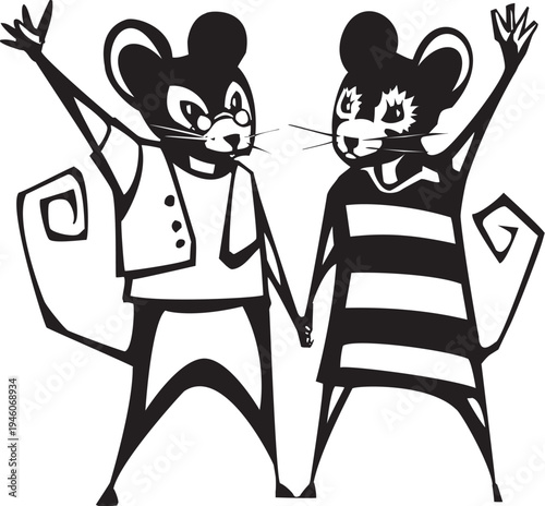 Cartoon like cute mouse couple waving