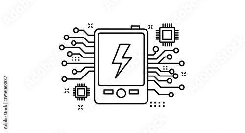Stylized illustration of a microchip with a lightning bolt inside connected by circuits