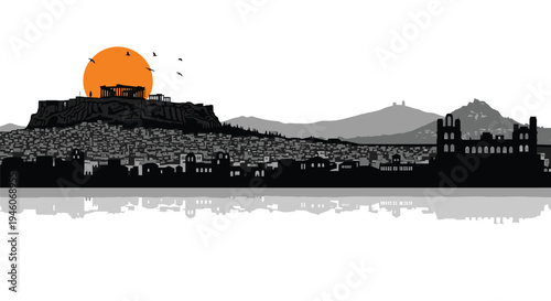 City skyline silhouette vector with mountain range and sunset
