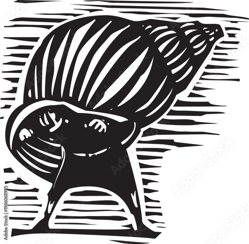Woodcut style image of a shy man with a snail shell on his back