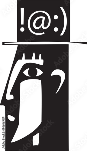 Woodcut style image of a man with icons or emojis on his mind