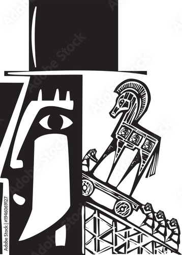 Woodcut metaphor of a trojan horse entering a persons head like a scam or grift