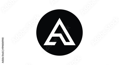 Black circle containing a white geometric capital letter a design