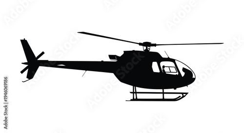 Silhouette of a helicopter in flight against a plain white background
