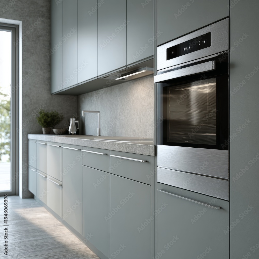 Fototapeta premium Modern kitchen with sleek cabinetry and built-in oven in bright interior