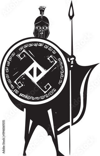Woodcut style greek hoplite soldier with archaic weapons