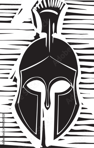 Woodcut style image of an ancient greek hoplite soldier's bronze helmet 