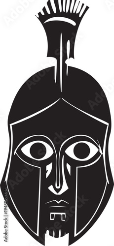 Woodcut style image of an ancient greek hoplite soldier's bronze helmet 