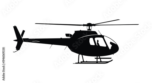 Silhouette of a helicopter in flight against a plain white background