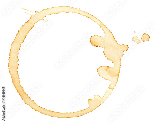 Coffee stain or coffee cup ring isolated on a white background, top view. Dried coffee cup stain.