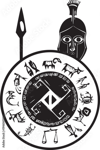 Woodcut style greek hoplite soldier with archaic weapons