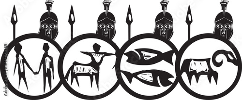 Woodcut style greek hoplite soldier with archaic weapons