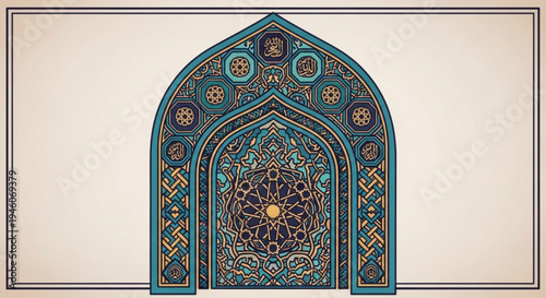 A beautifully designed Islamic archway with intricate patterns and geometric shapes in shades of blue and gold