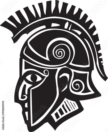 Woodcut style image of an ancient greek hoplite soldier's bronze helmet 