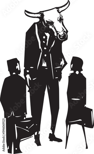 Woodcut style business meeting with a minotaur