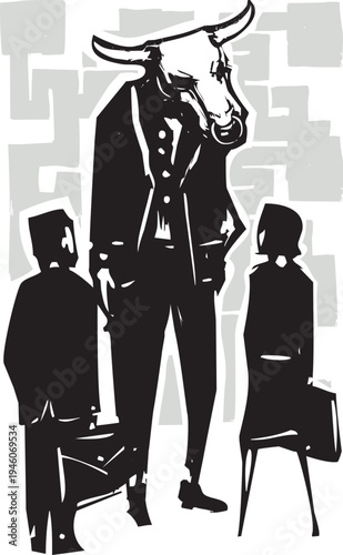 Woodcut style business meeting with a minotaur