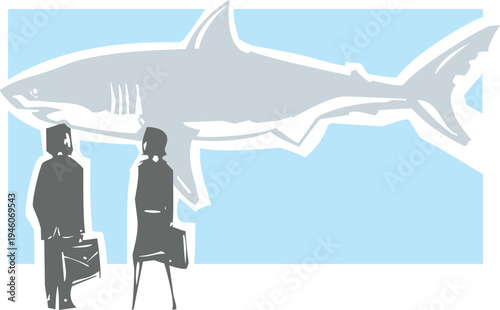 Woodcut business meeting with a shark.