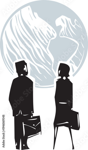 Woodcut business couple viewing the eath
