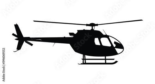 Silhouette of a helicopter in flight against a plain white background