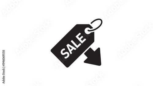 Sale Tag Icon with Down Arrow – Discount Promotion Price Drop Symbol for E-commerce Isolated on White