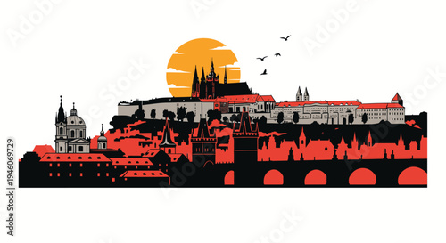 Vector cityscape silhouette at sunset, Prague skyline