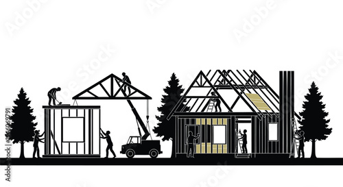 Vector illustration of house framing with construction workers