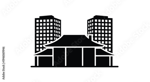 Vector illustration of a house with two city buildings