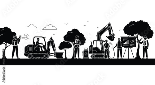 Set of construction workers and machinery vector illustration