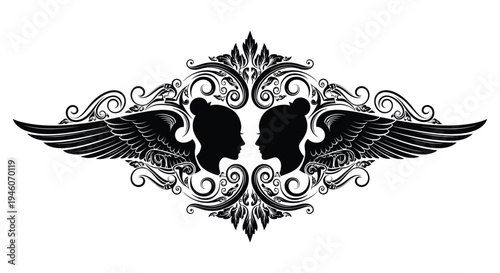 Elegant black silhouette of two women with wings and ornate floral designs