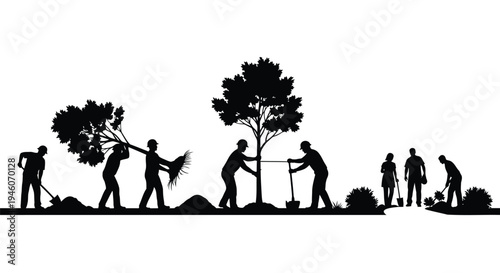 Set of 8 people planting trees vector silhouettes