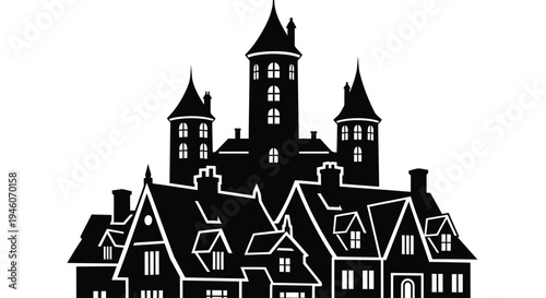 Black silhouette of medieval castle and houses vector