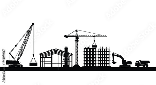 Set of 6 construction vehicles and buildings vector