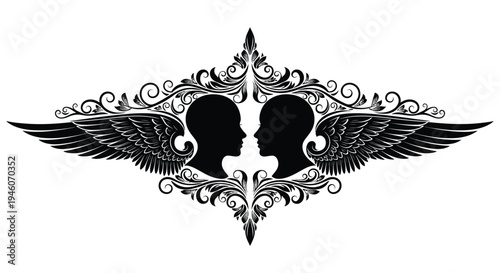 Elegant black and white design featuring two facing profile silhouettes with wings