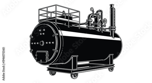 Detailed illustration of an industrial tank with complex piping and metal framework