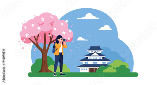 Young female tourist with camera enjoying cherry blossom season in Japan with castle background, colorful spring travel flat vector illustration ideal for tourism and festival promotion